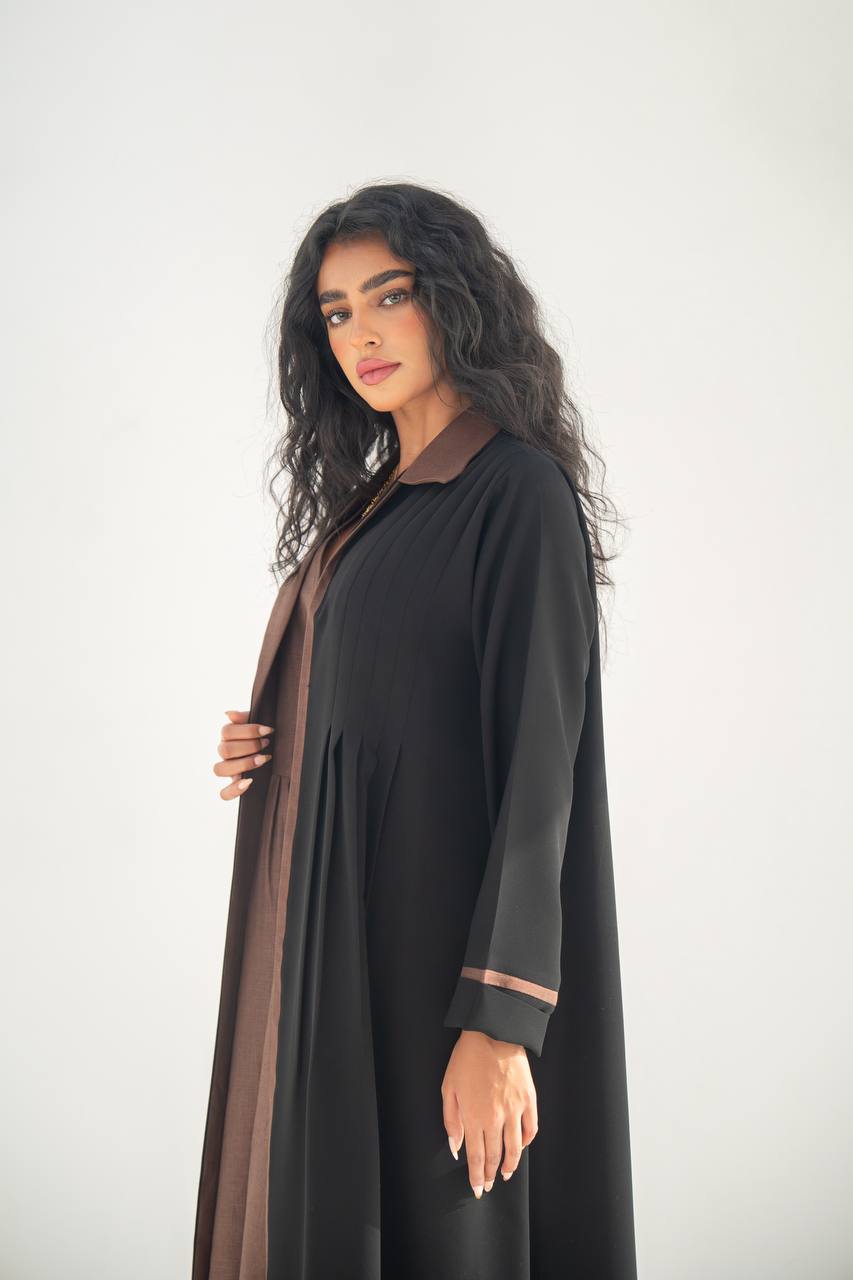 Black crepe blazer abaya with brown details C:6636 Black Crape