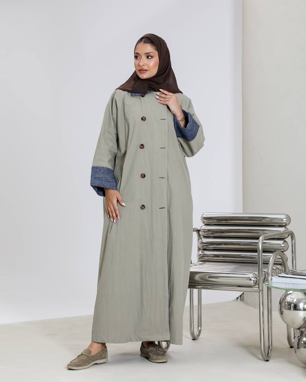Free size trench coat, in pistachio color with denim details C:6656