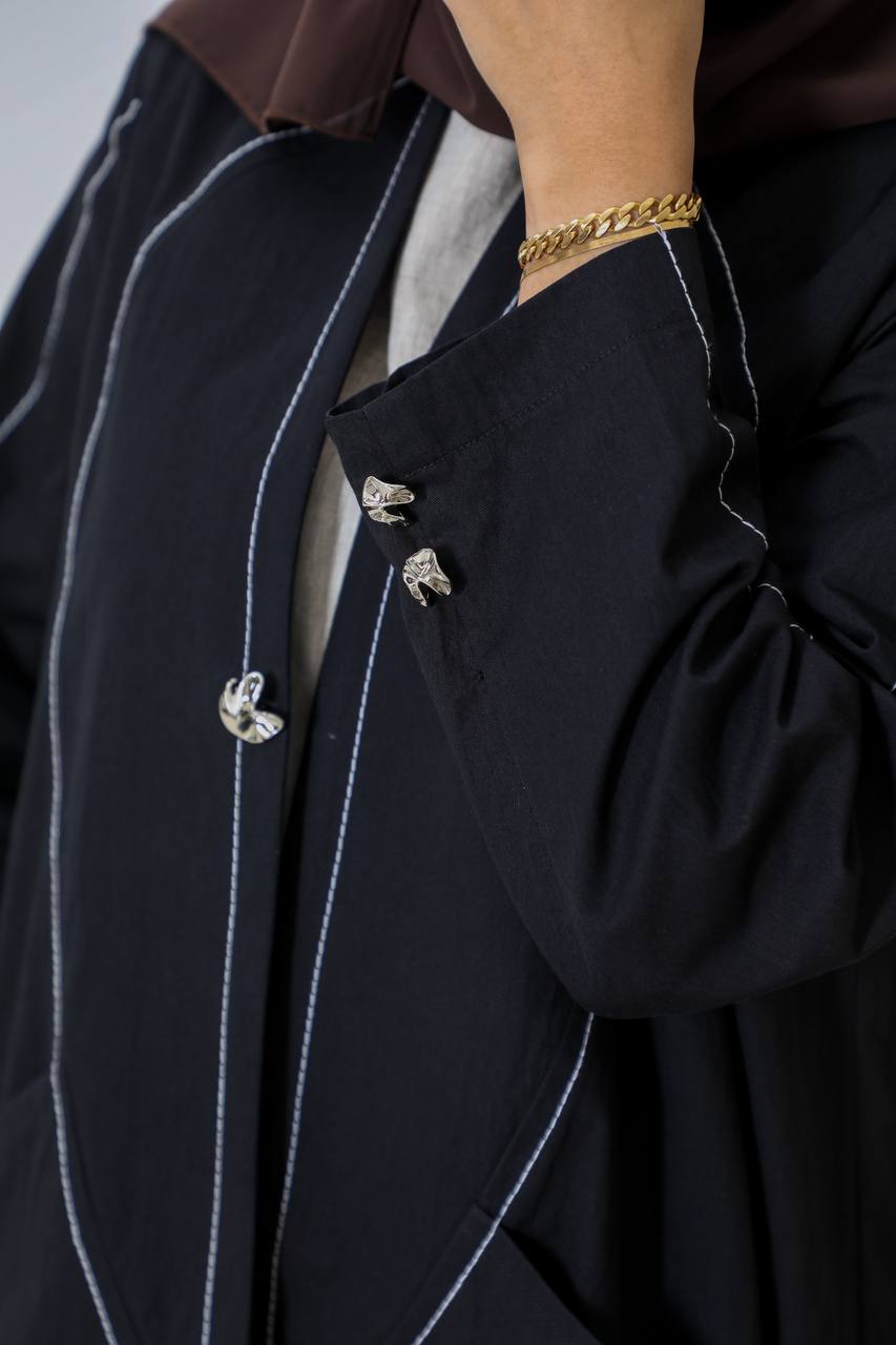 Black trench coat with white embroidery details C:6655