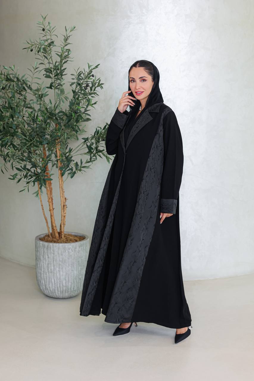 Black crepe abaya with jacquard.C:6670