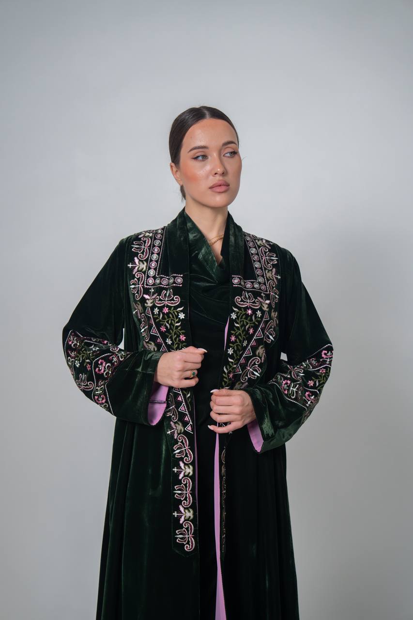 Embroidered velvet abaya, olive green. C:6708