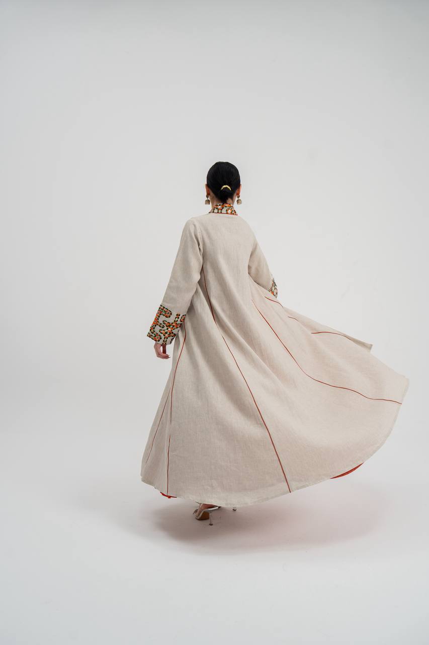 Abaya and dress set, light beige linen with embroidery. C:6743