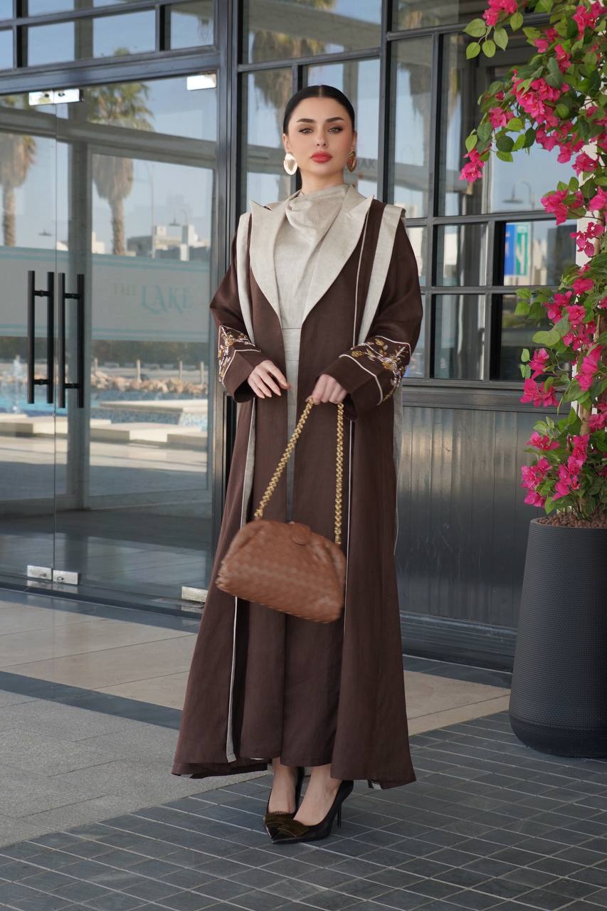 Brown linen blazer abaya with hand-stitched details. C:6755