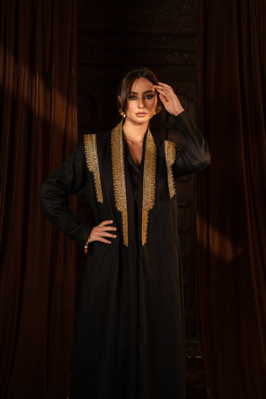 Linen abaya in black with embroidery. C:6762