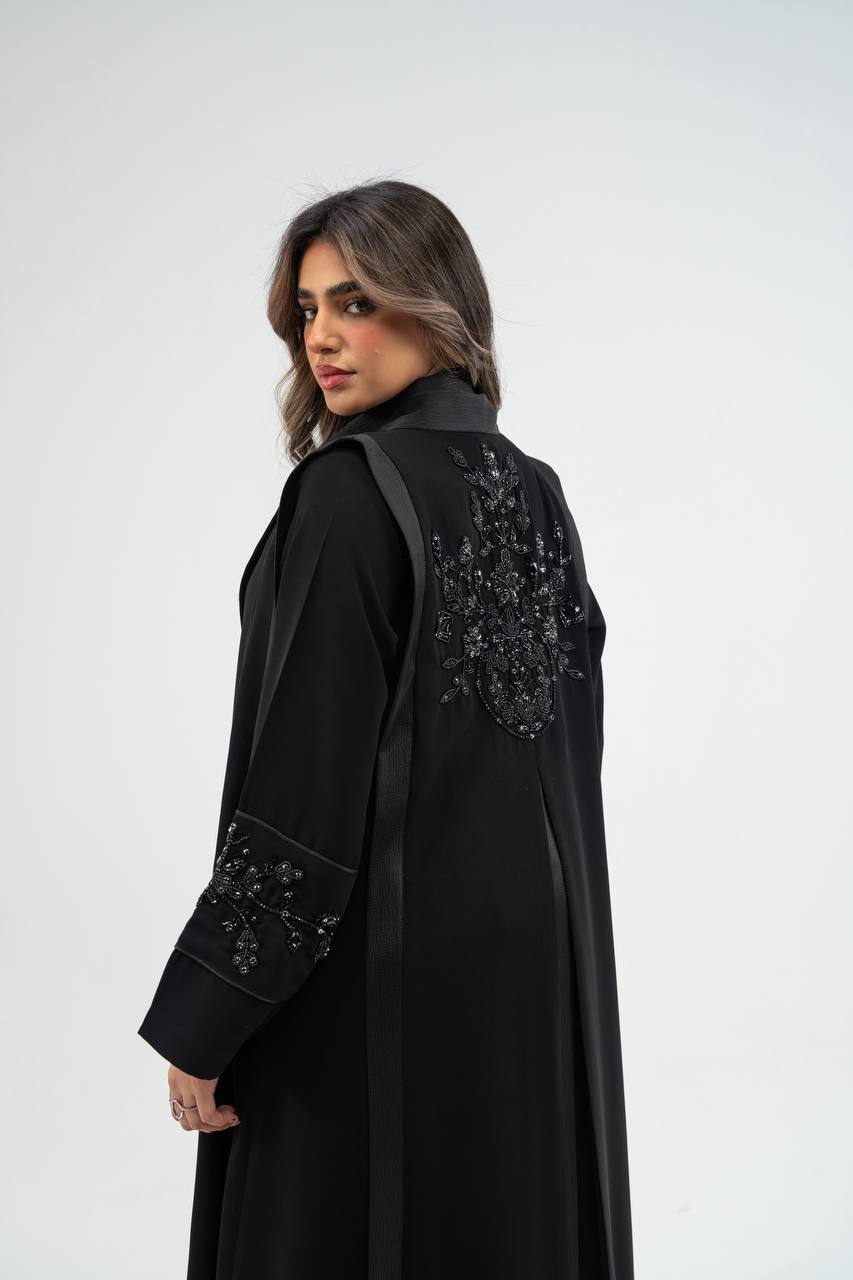 Black crepe fabric abaya with satin. C: 6755 black crepe