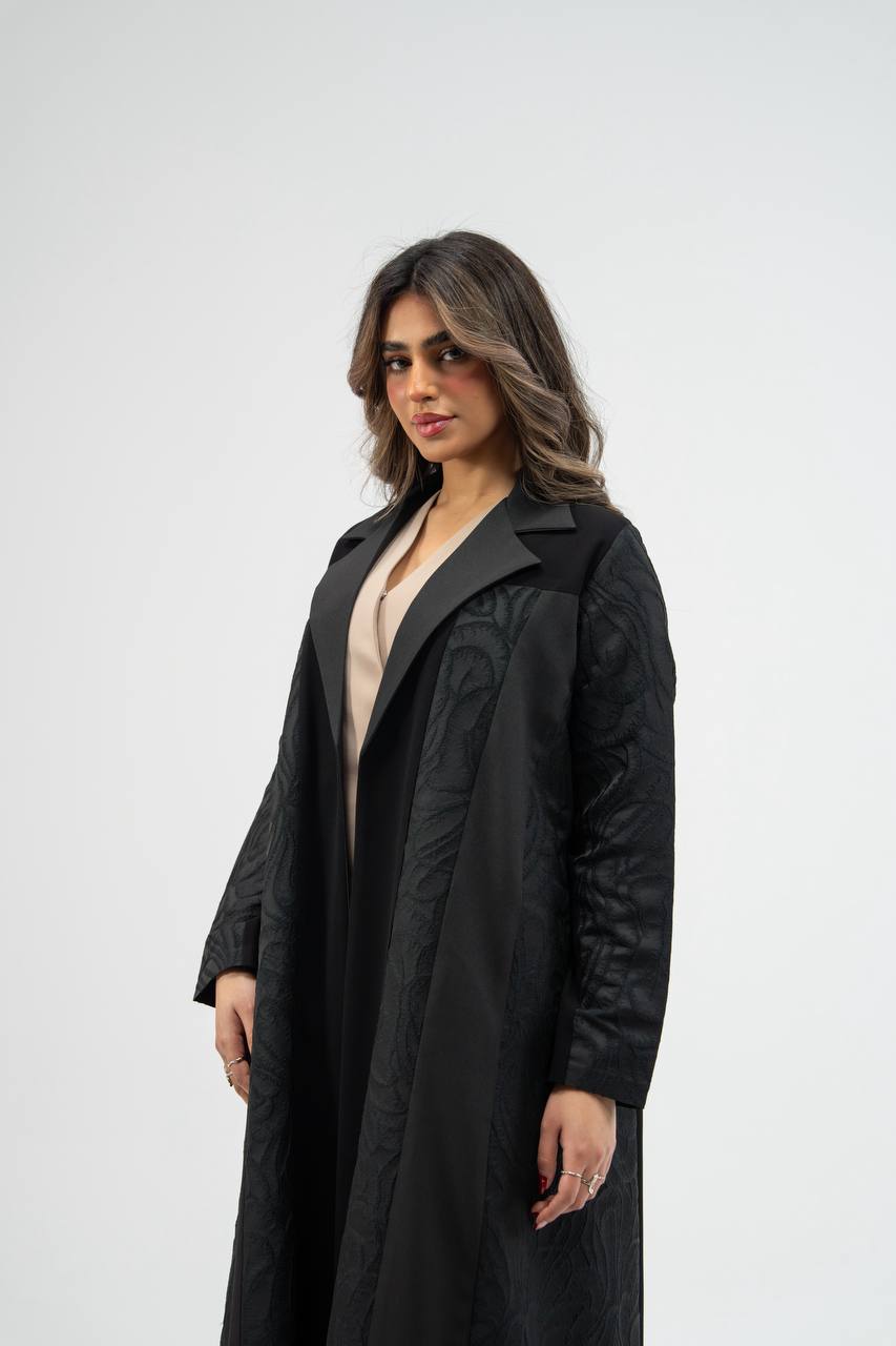 Black crepe abaya with jacquard detailin. C:6775