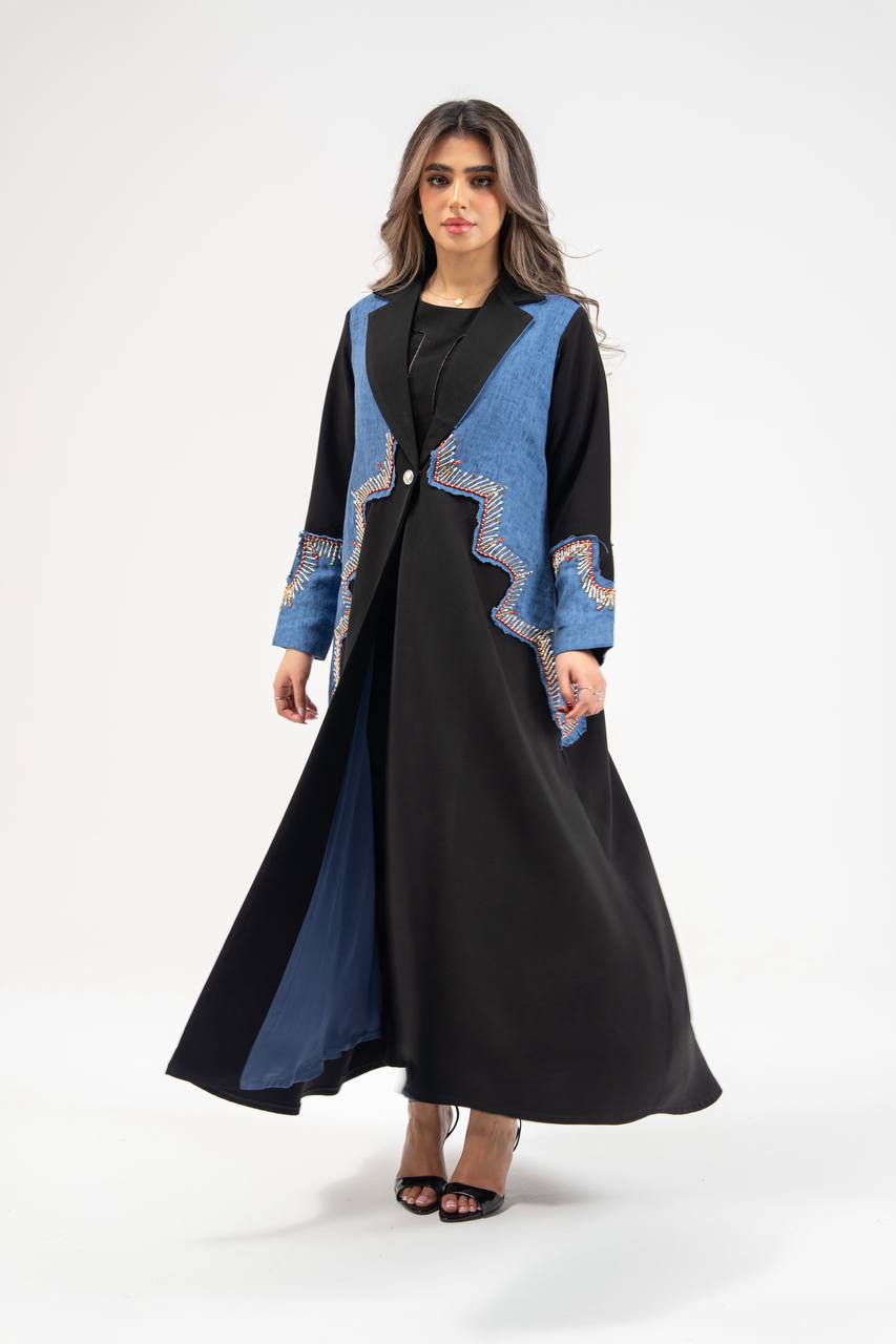 Black crepe blazer abaya with hand-stitched details. C:6771