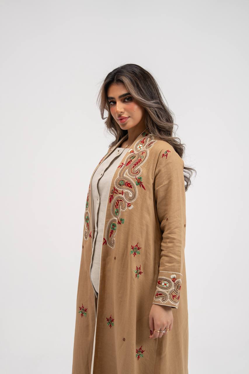 Beige linen abaya with embellishments. C:6772
