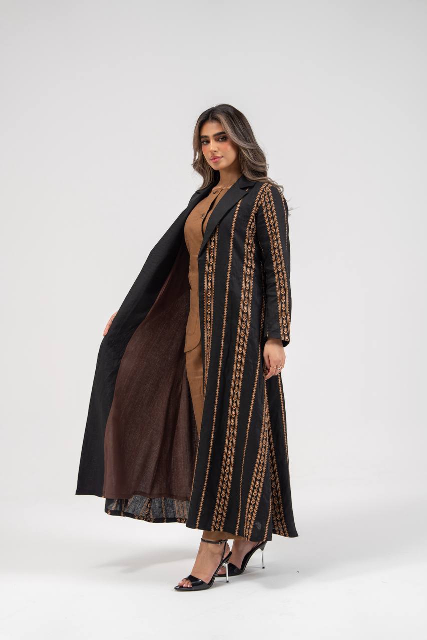 Linen abaya in black with embroidery. C:6764