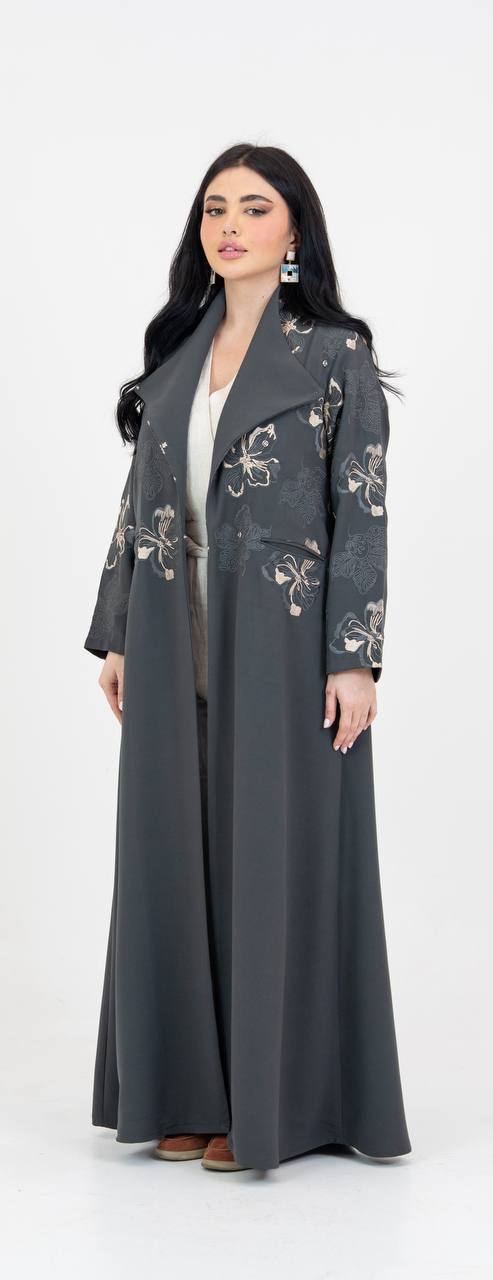 Crepe abaya in gray with embroidery. C:6765