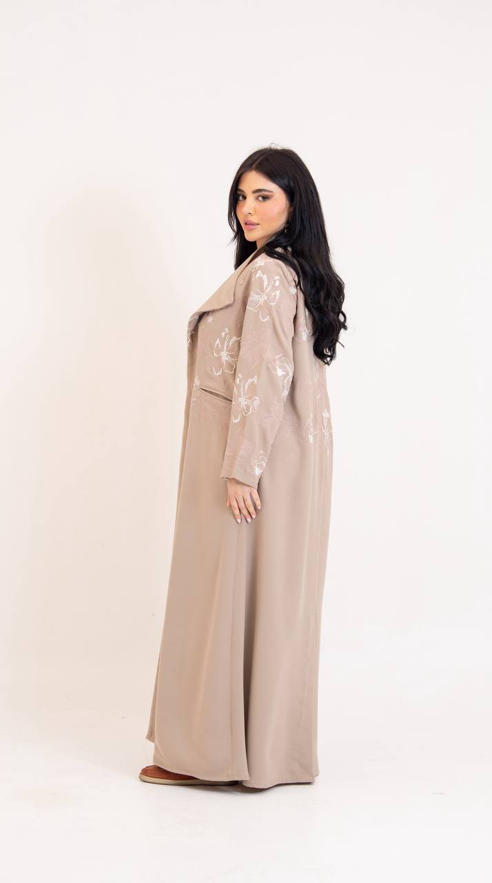 Beige crepe abaya with embroidery.C:6765