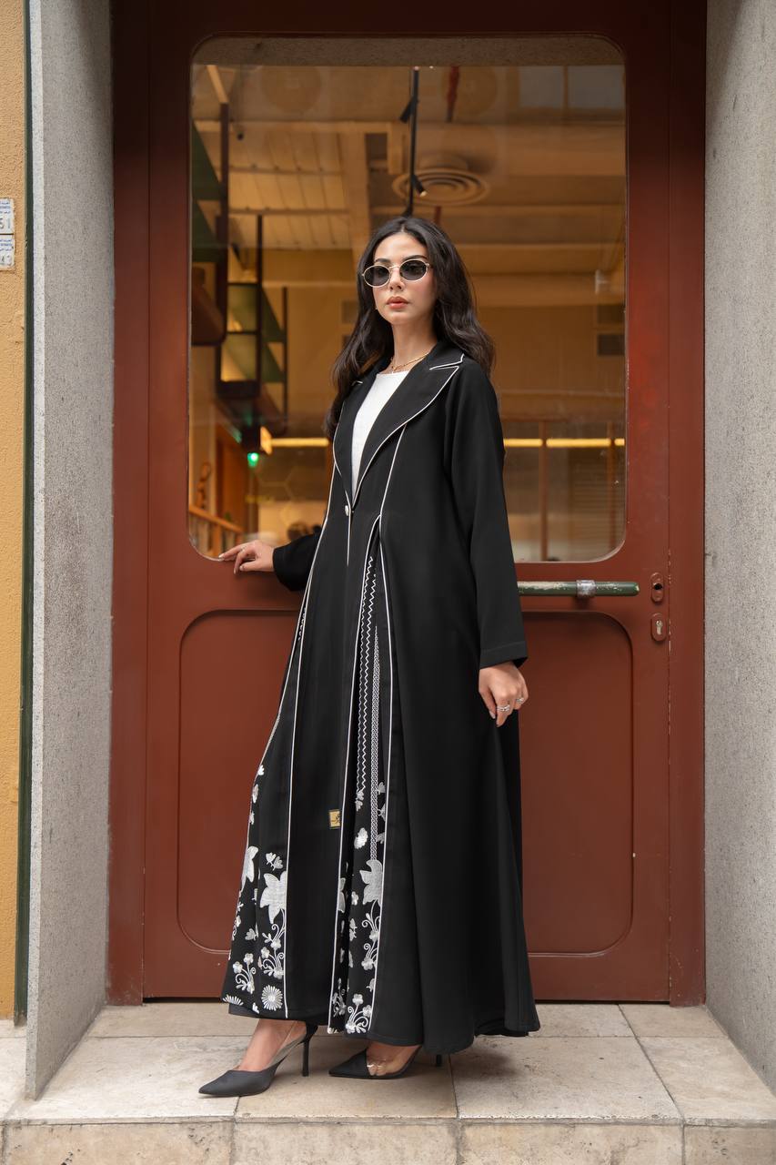 Black crepe abaya with white embroidery. C:6770