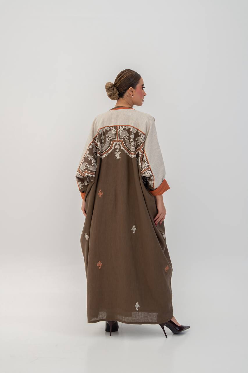 Brown linen abaya with embroidery. C:6785