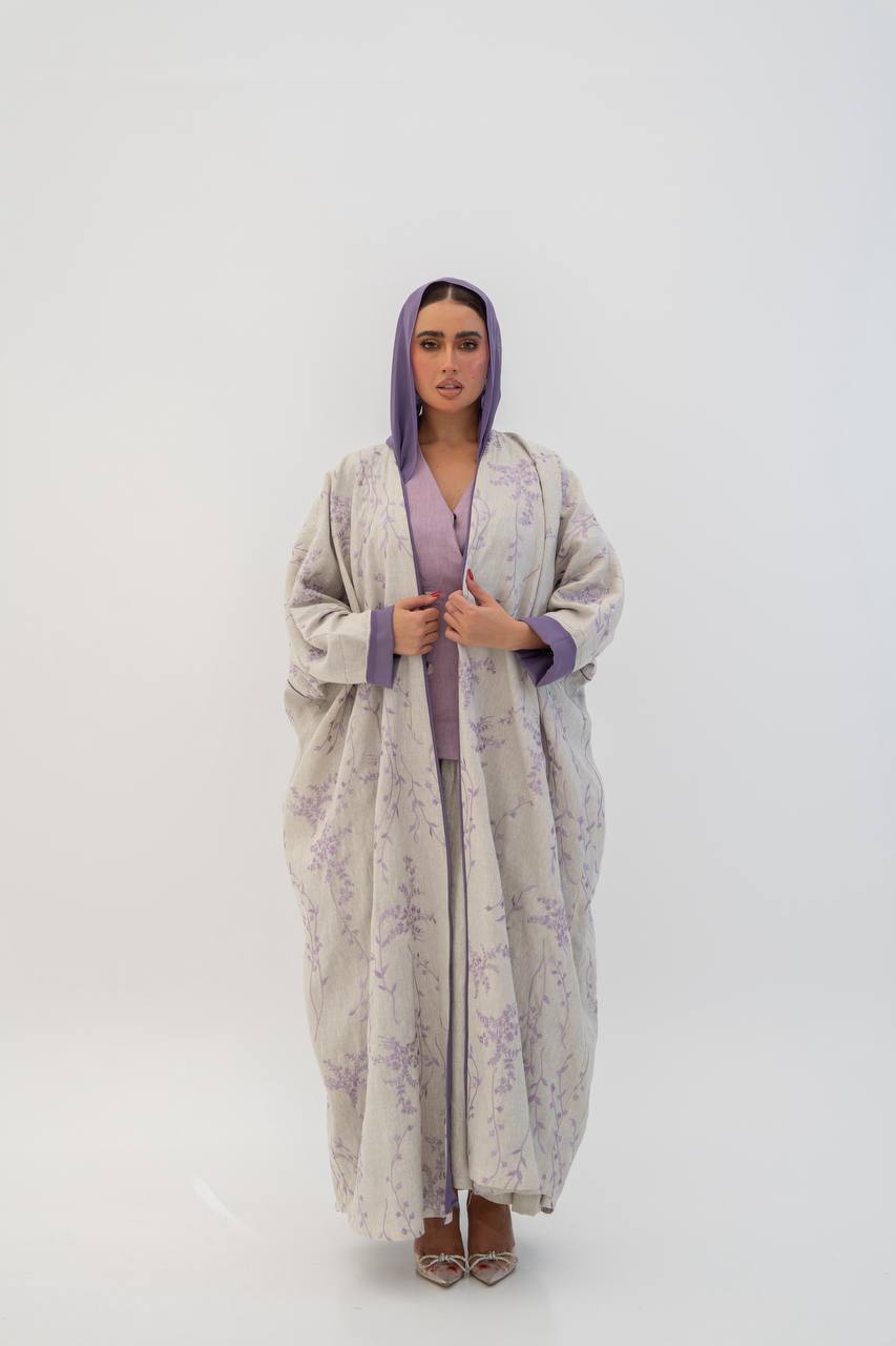 Beige linen abaya with embroidery. C:6784