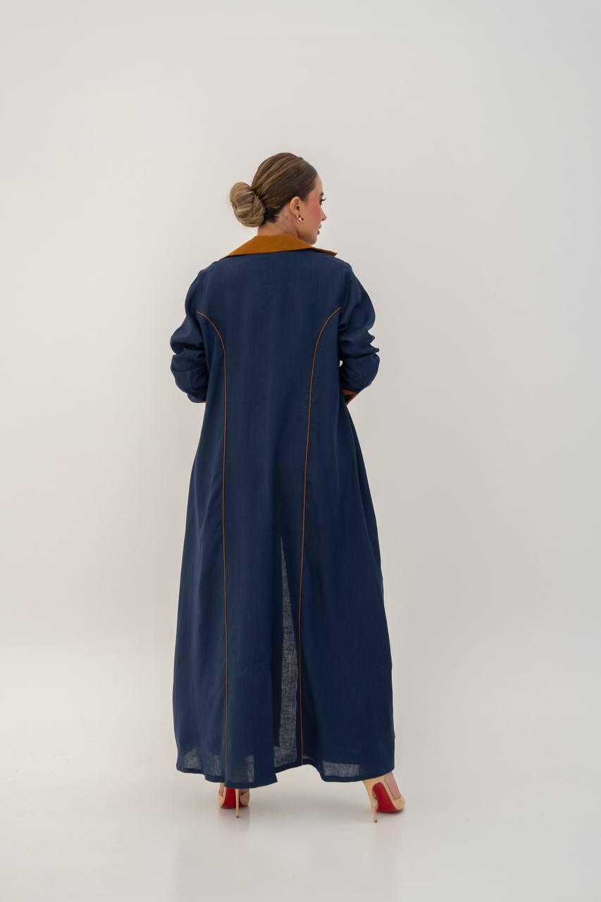 Linen abaya in navy blue with embroidery.C:6783