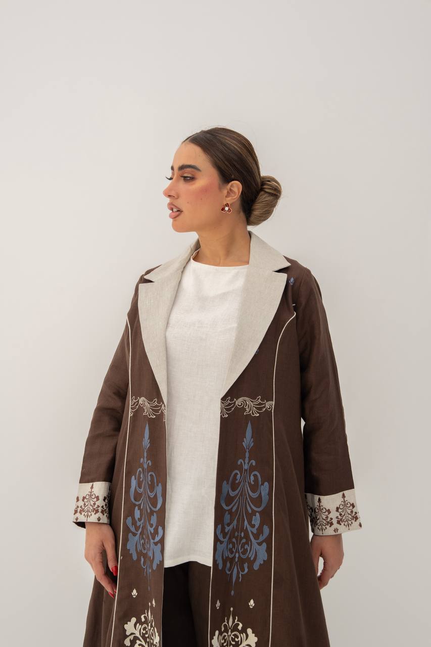 Linen abaya in brown with embroidery.C:6783 Brown