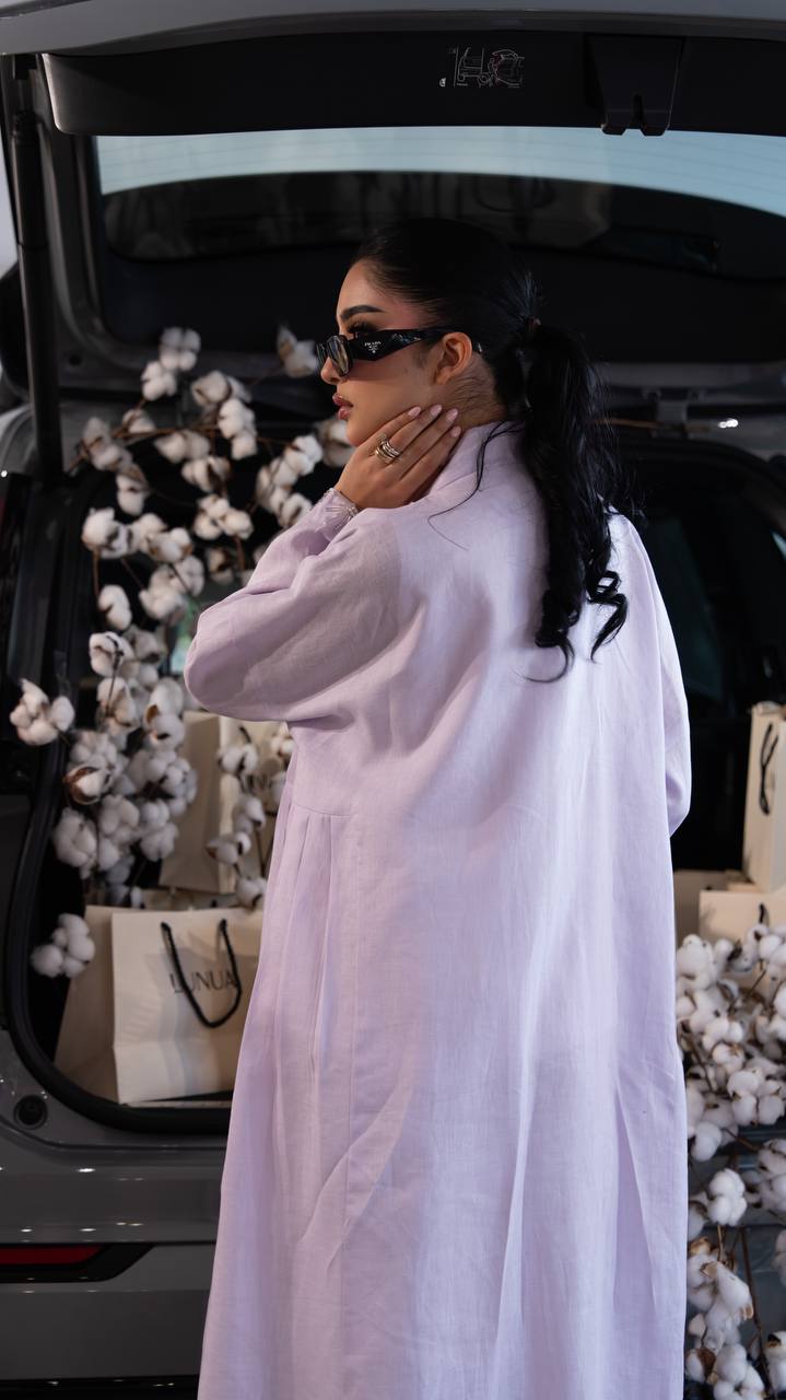 Light purple linen abaya with hand-stitched details. C:6790