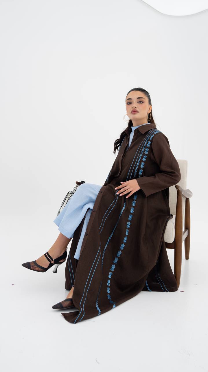 Linen abaya in brown with embroidery.C:6683