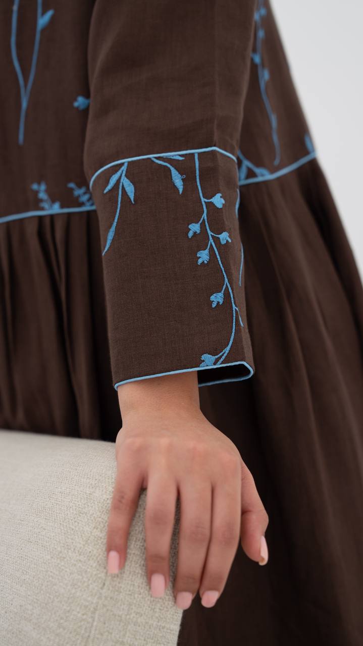 Beige linen abaya with embroidery.C:6786