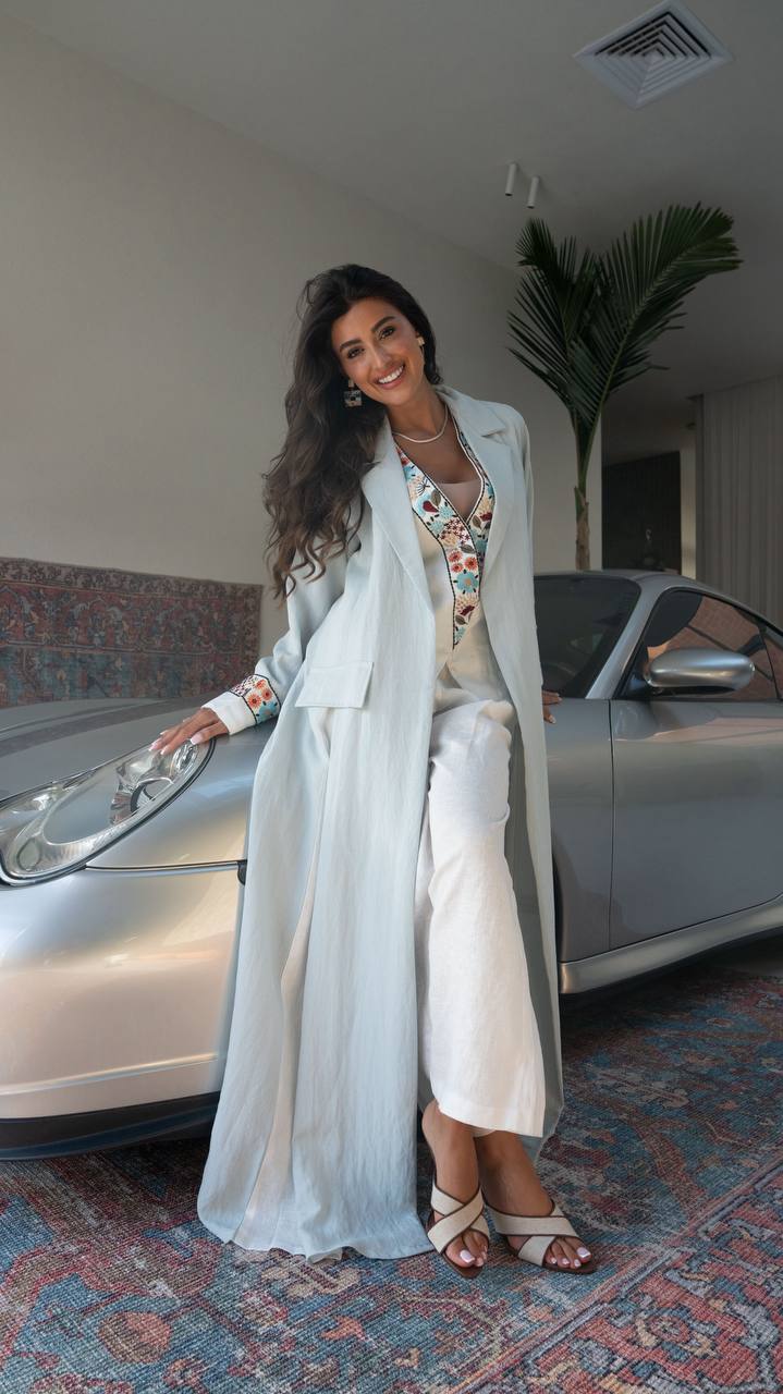 Blue linen blazer abaya with embroidery.C:6792