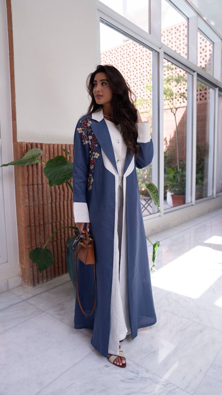 Blue linen blazer abaya with embroidery.C:6795