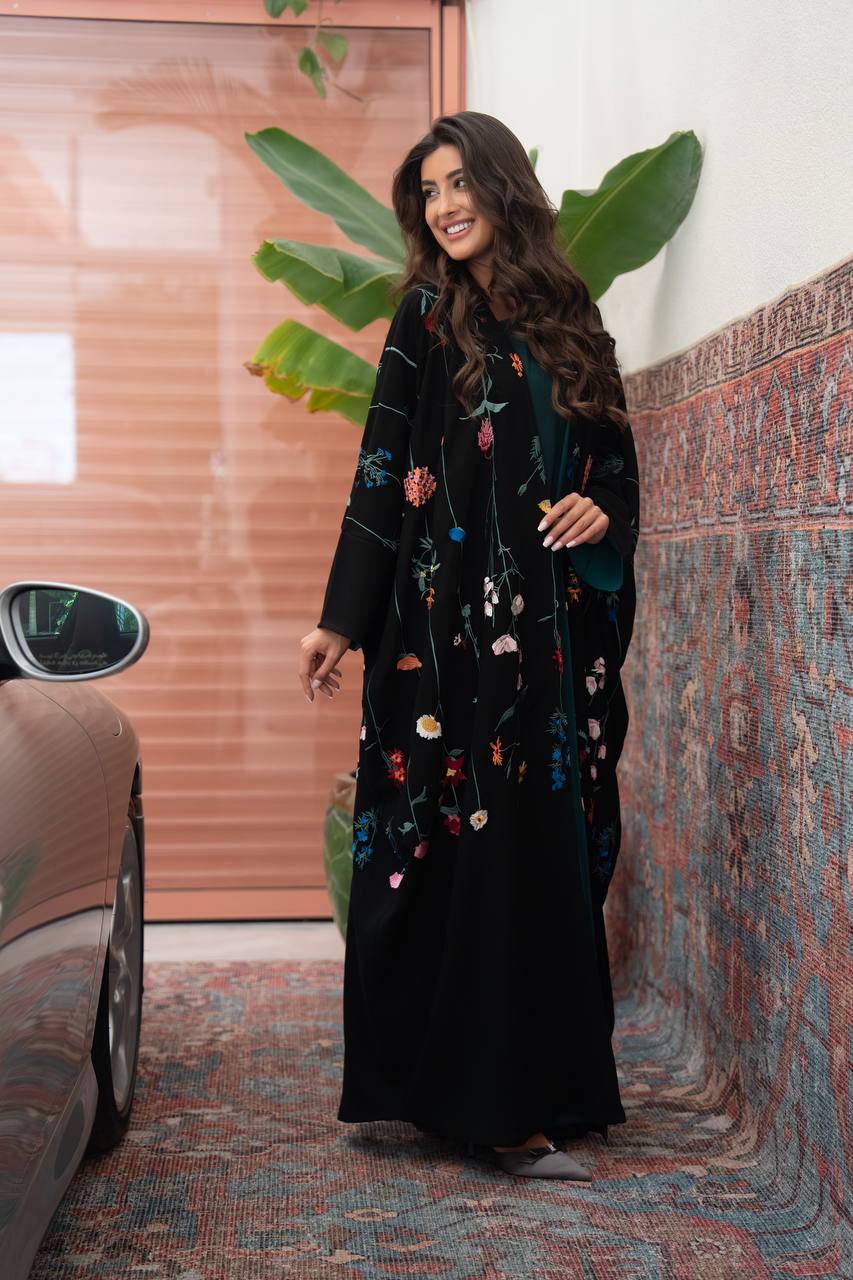 Black linen abaya with embroidery.C:6802
