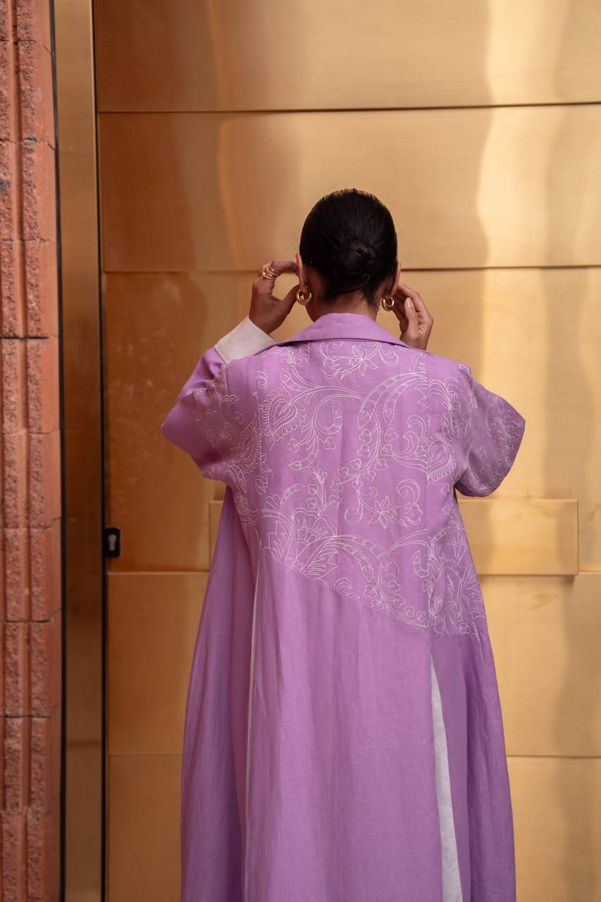 Purple linen blazer abaya with embroidery. C:6793