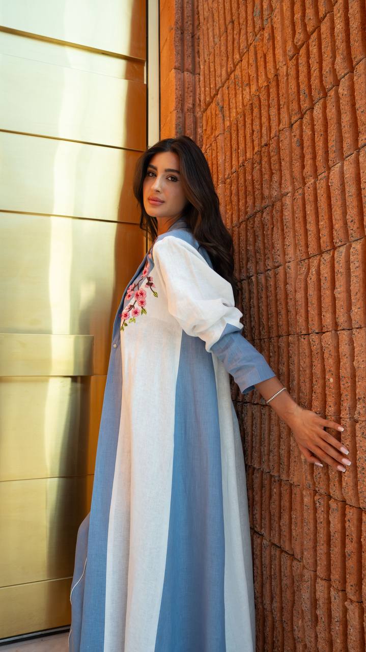 Blue and white linen blazer abaya with embroidery.C:6807