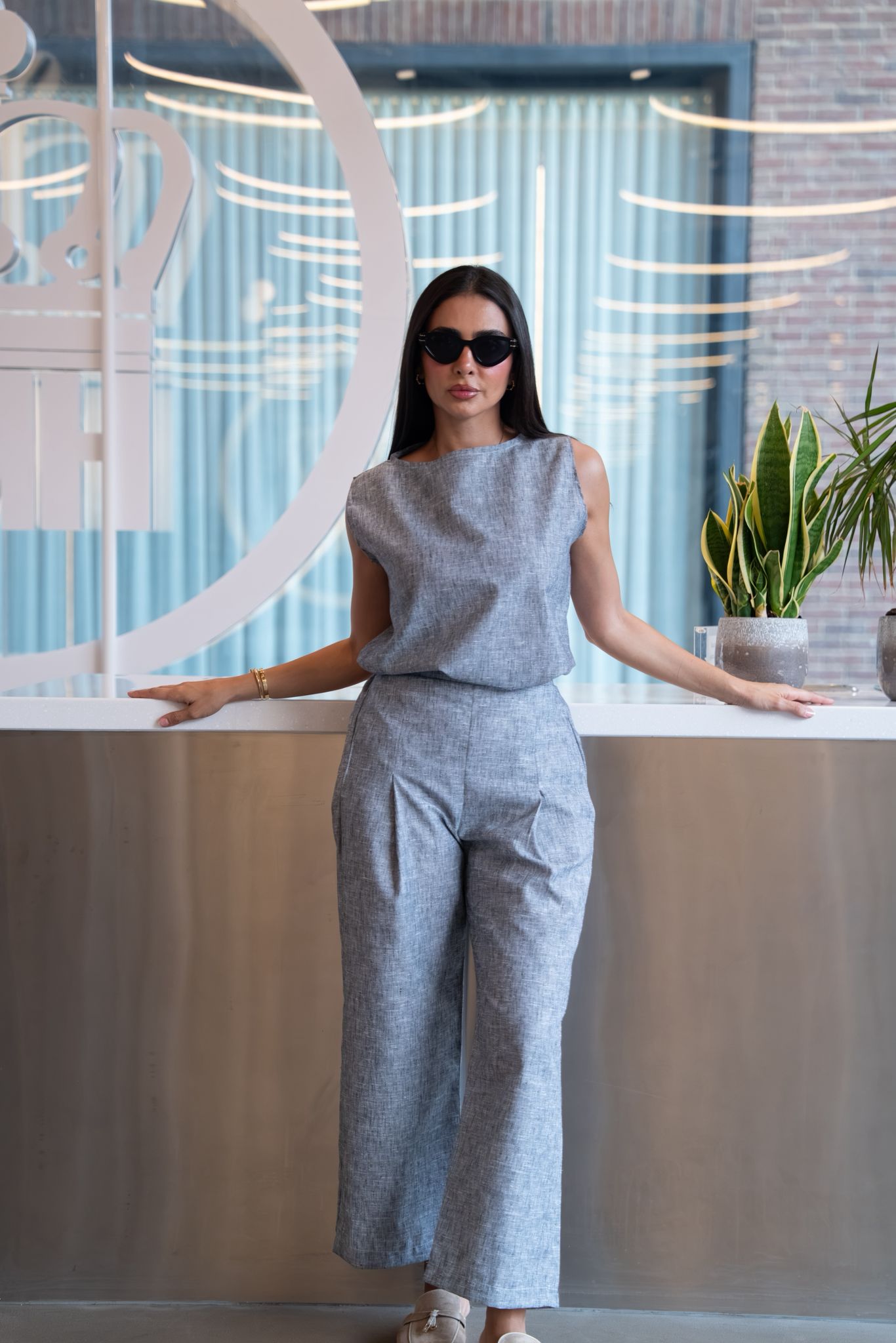 Gray cotton blouse and pants set. C:249