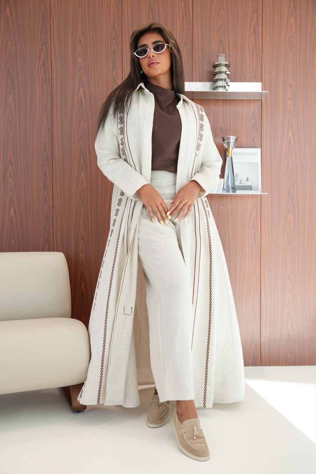 Beige linen abaya with embroidery. C:6683