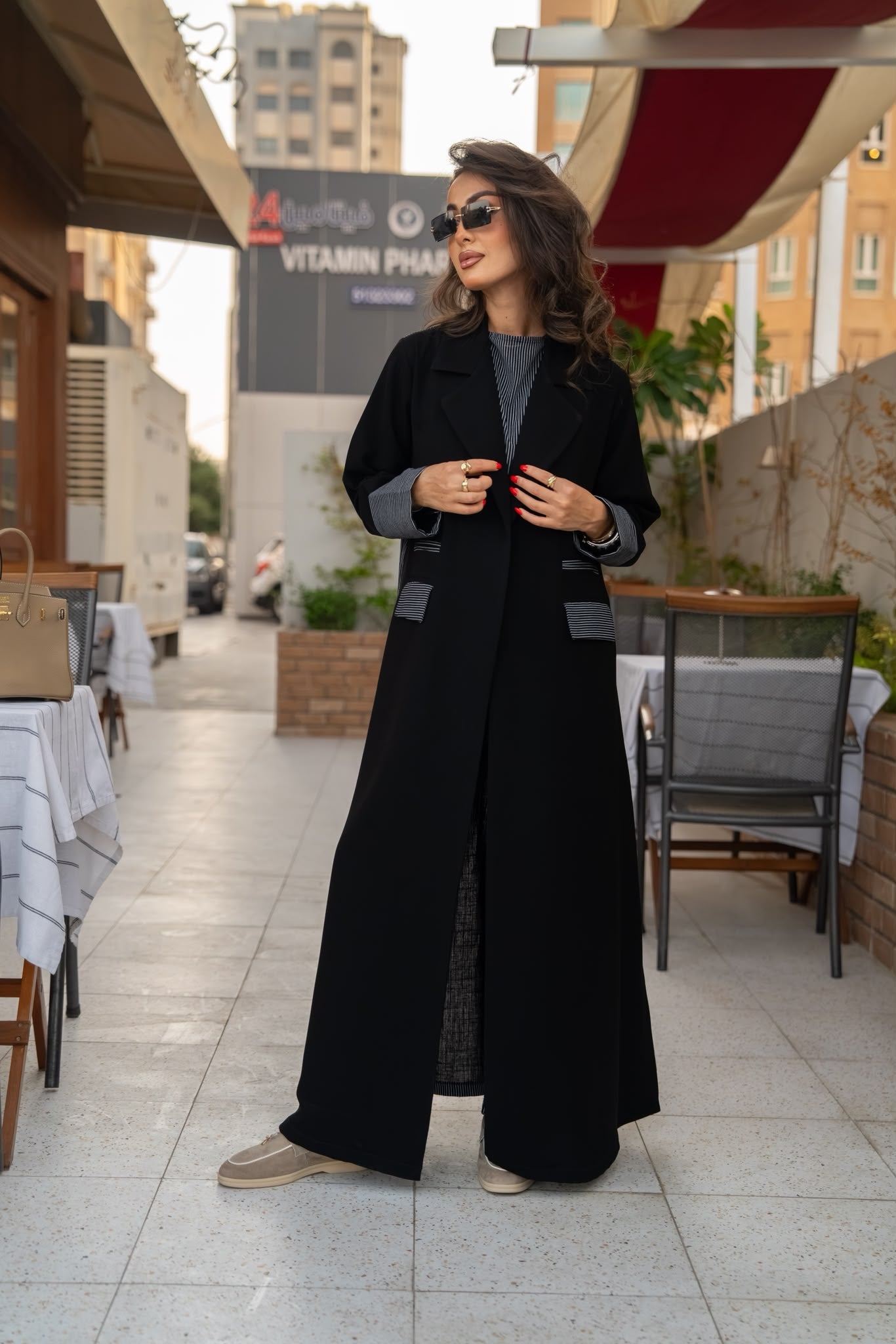 Crepe blazer abaya with striped linen.C:6643