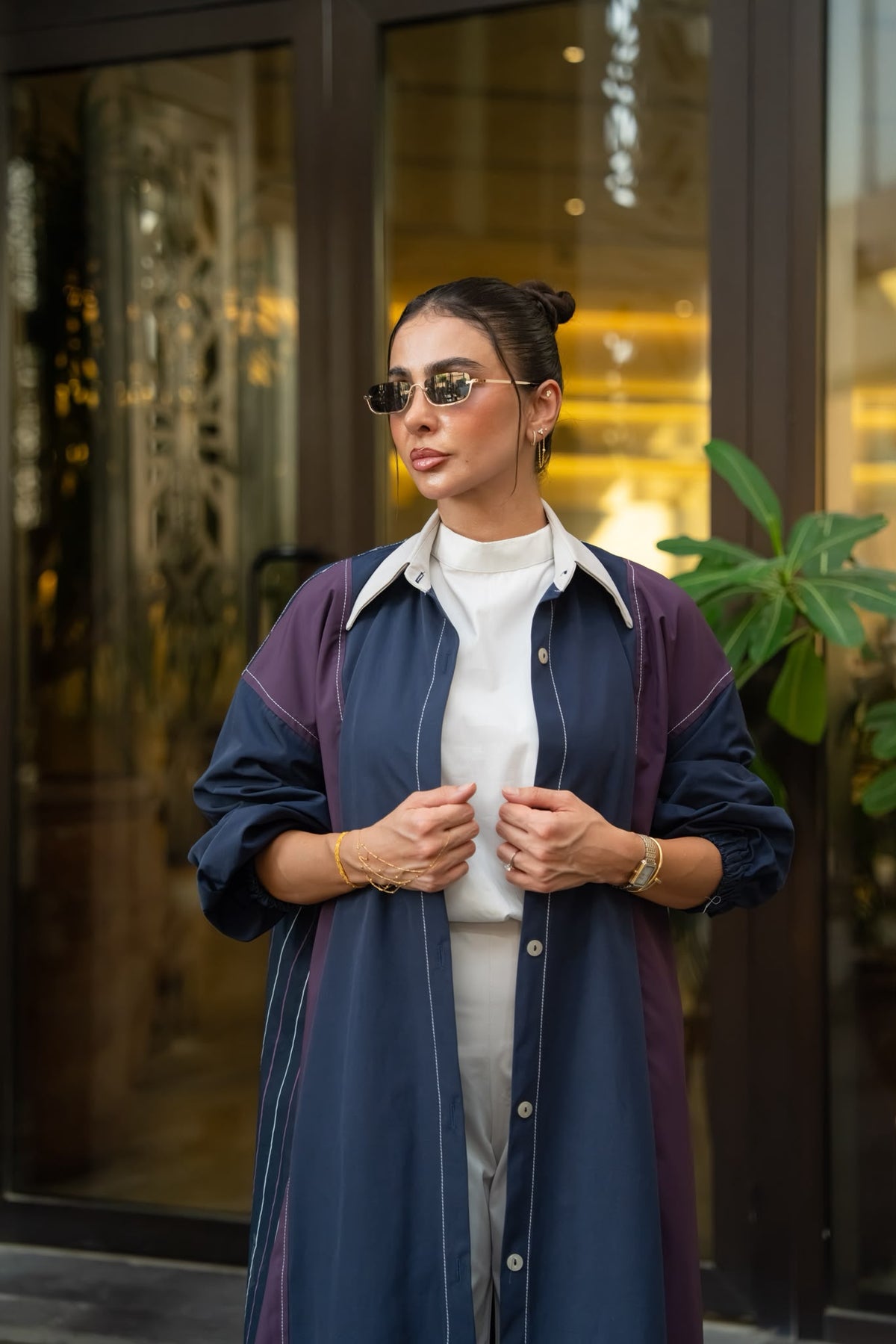 Striped cotton trench coat.C:6829 BLUE