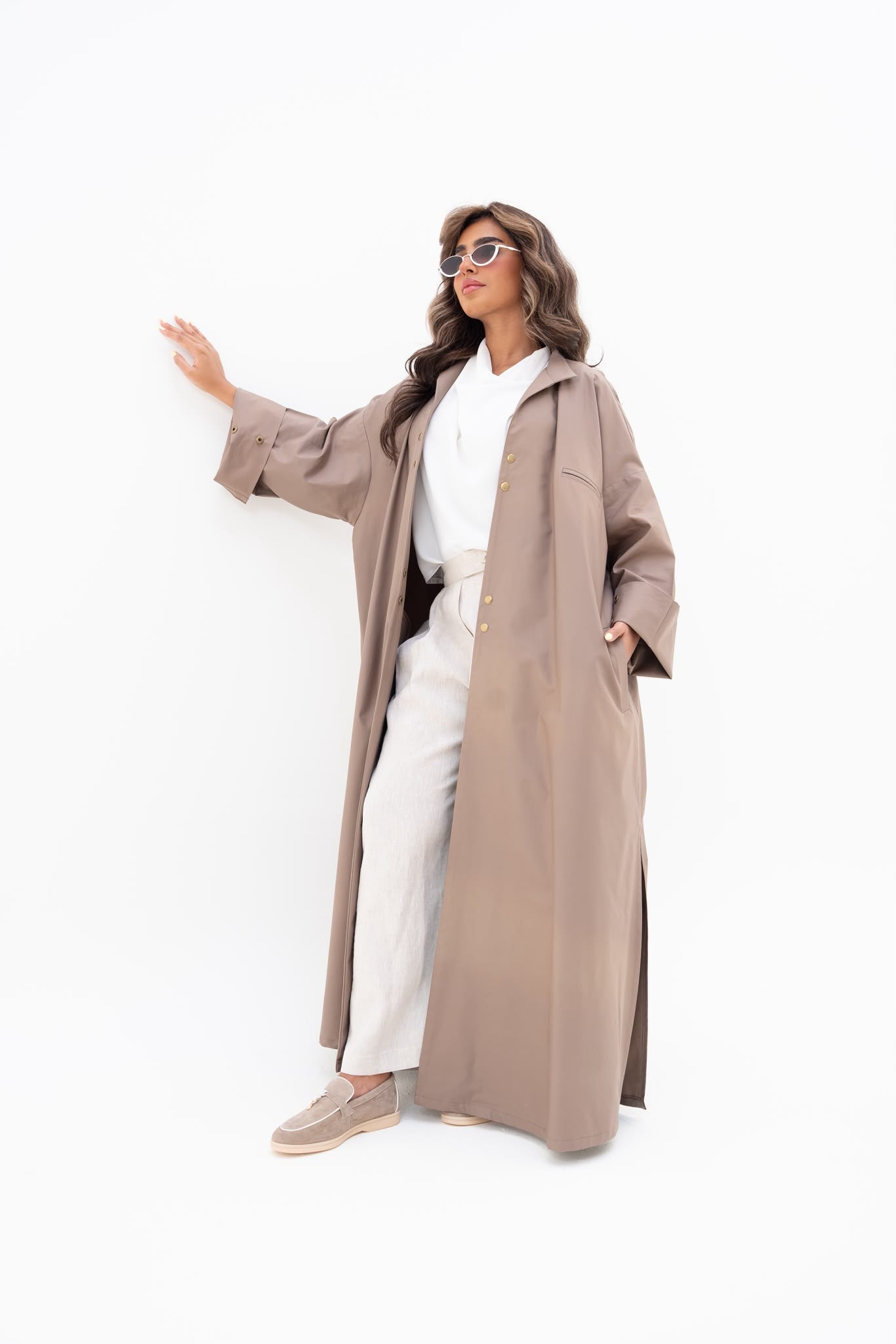 Beige crepe abaya, free size. C:6809