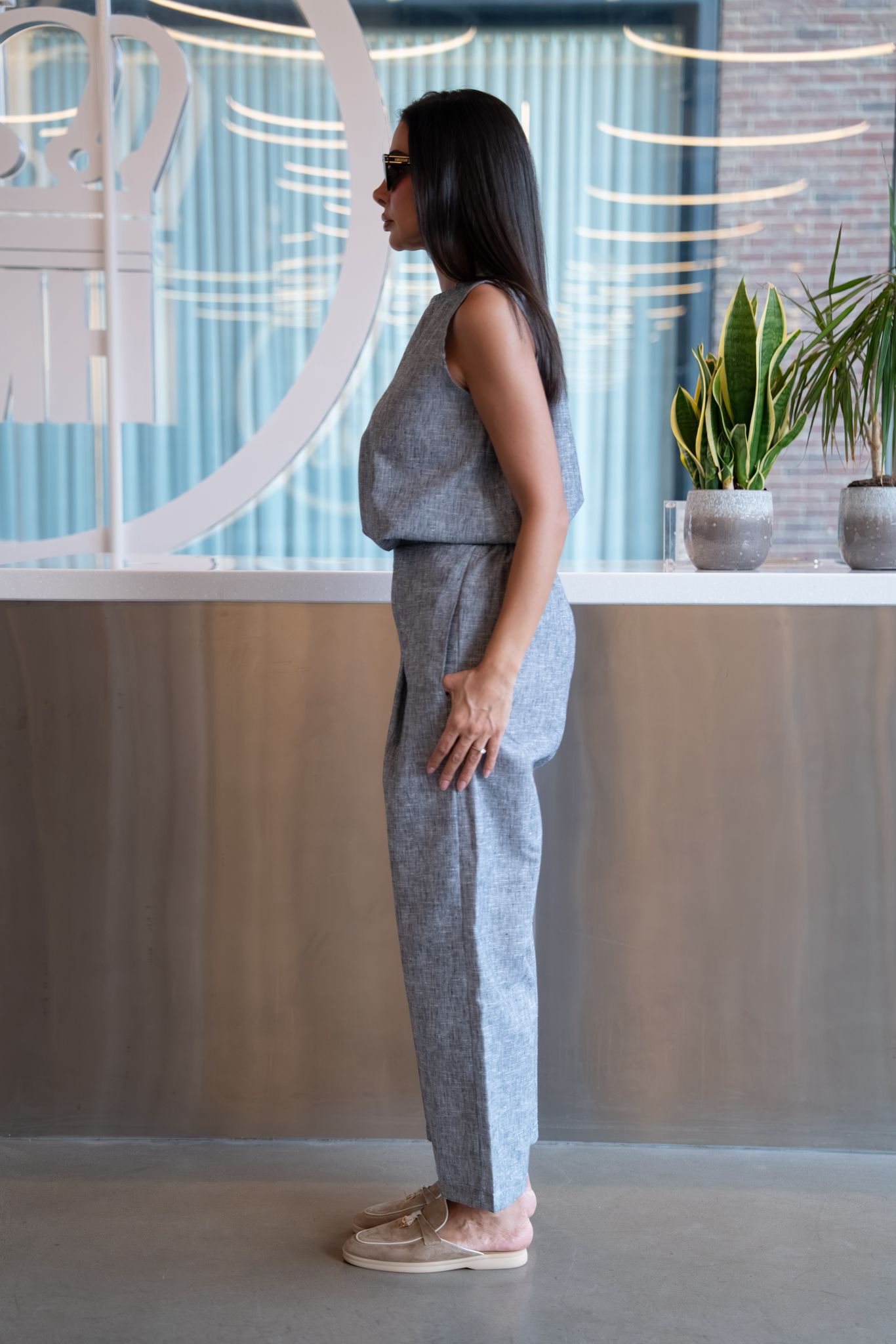Gray cotton blouse and pants set. C:249
