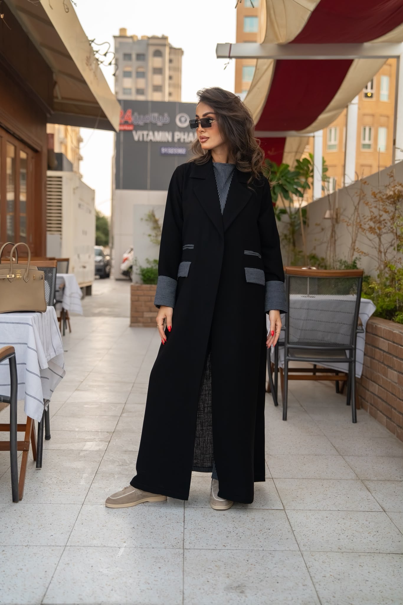 Crepe blazer abaya with striped linen.C:6643