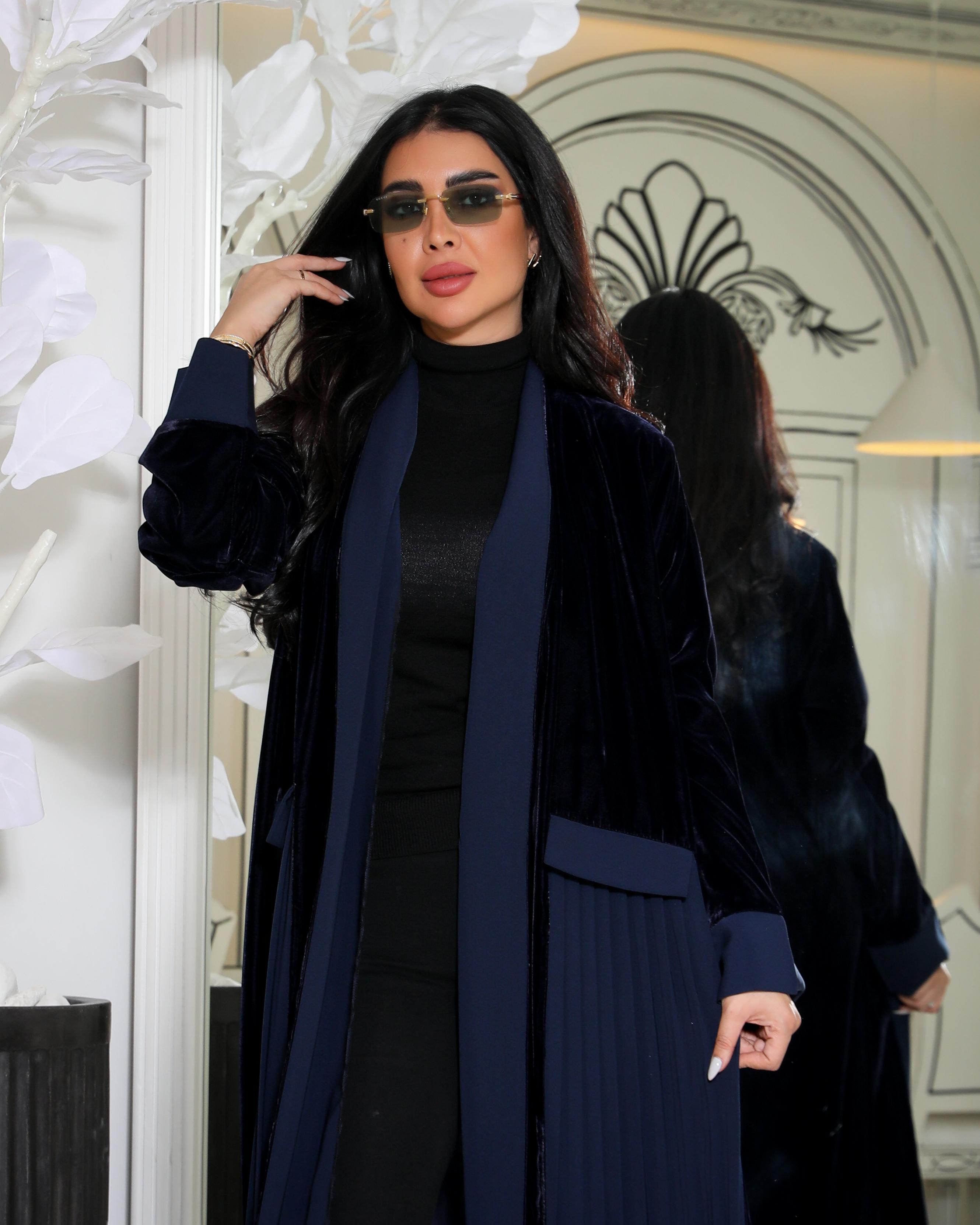 Navy and black velvet abaya  C:6359 DARK BLUE