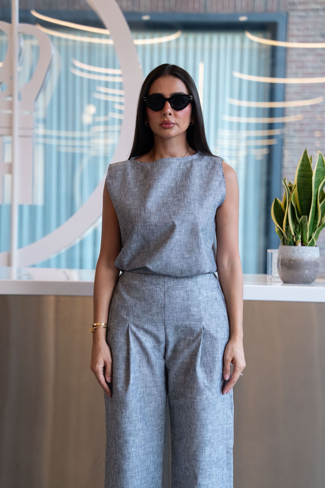 Gray cotton blouse and pants set. C:249