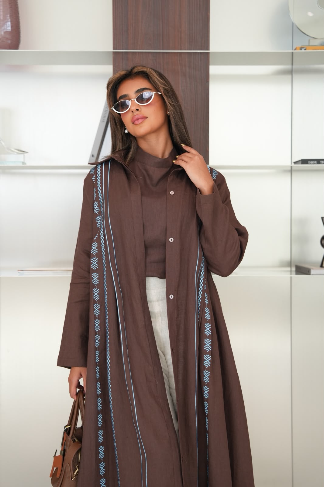 Linen abaya in brown with embroidery.C:6683