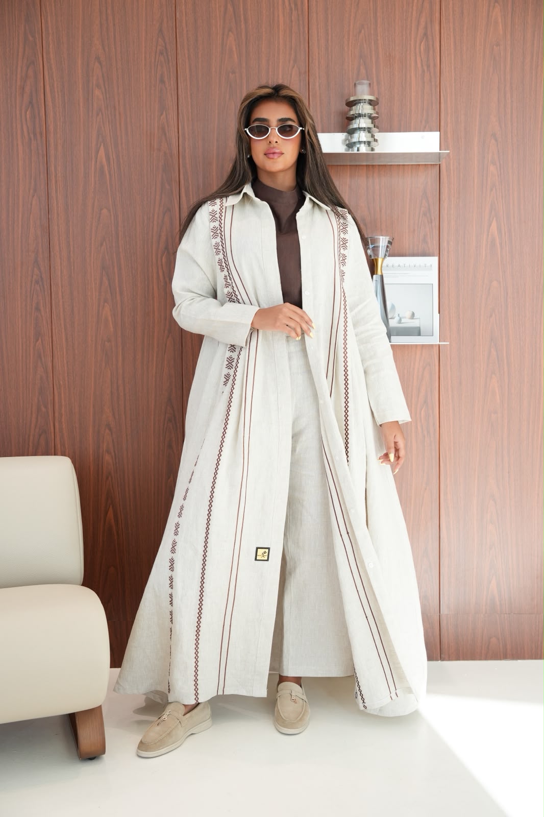 Beige linen abaya with embroidery. C:6683