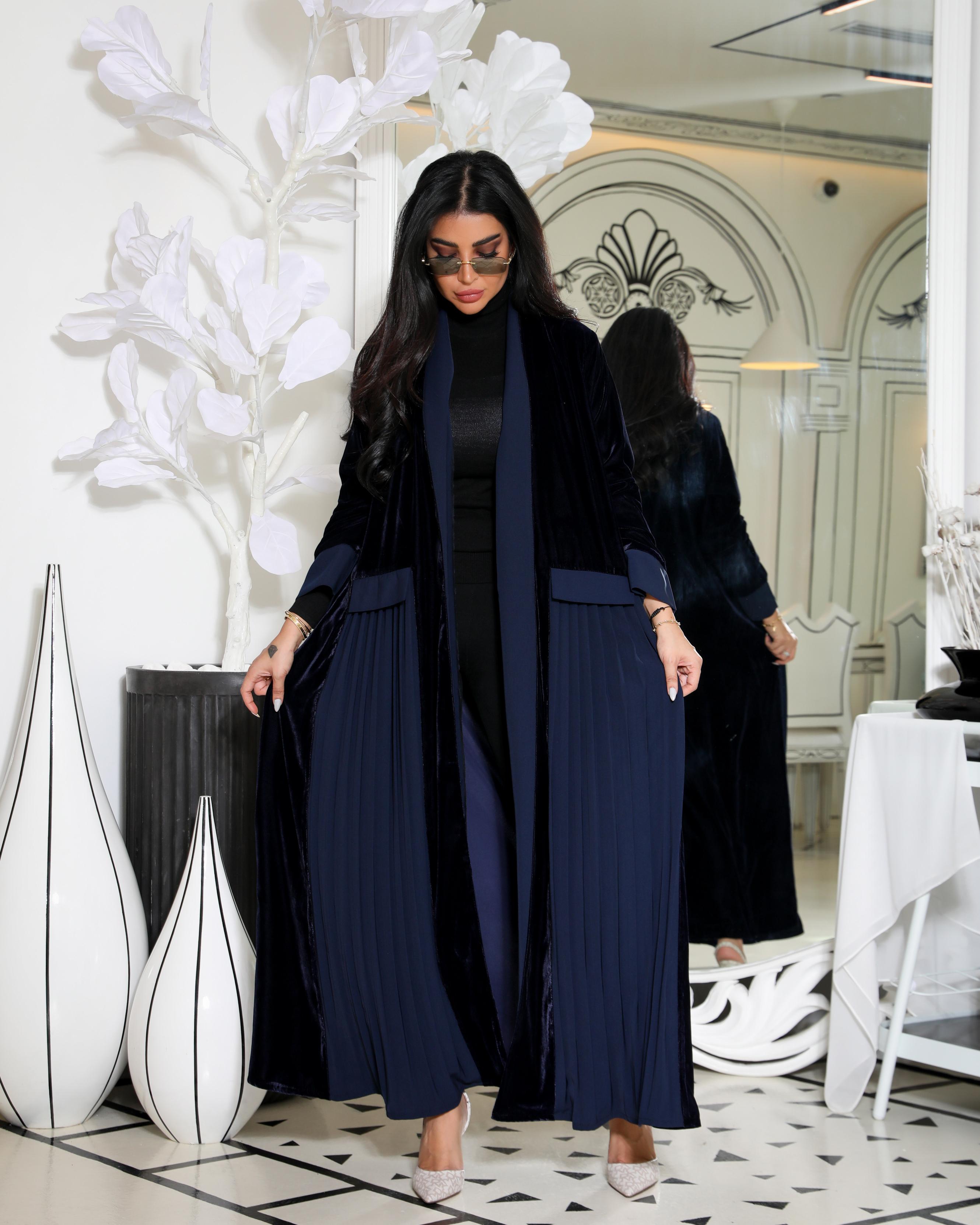 Navy and black velvet abaya  C:6359 DARK BLUE