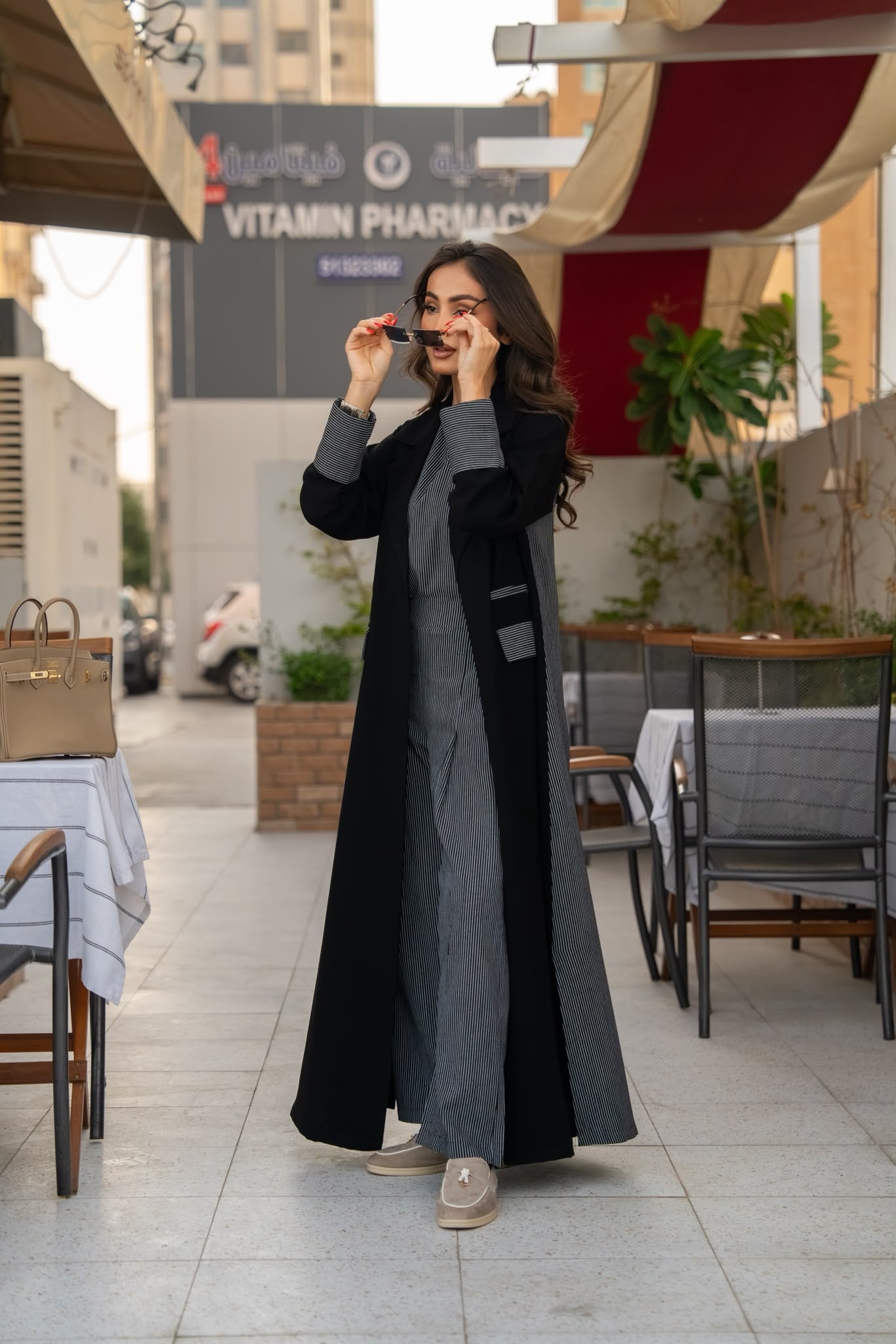 Crepe blazer abaya with striped linen.C:6643