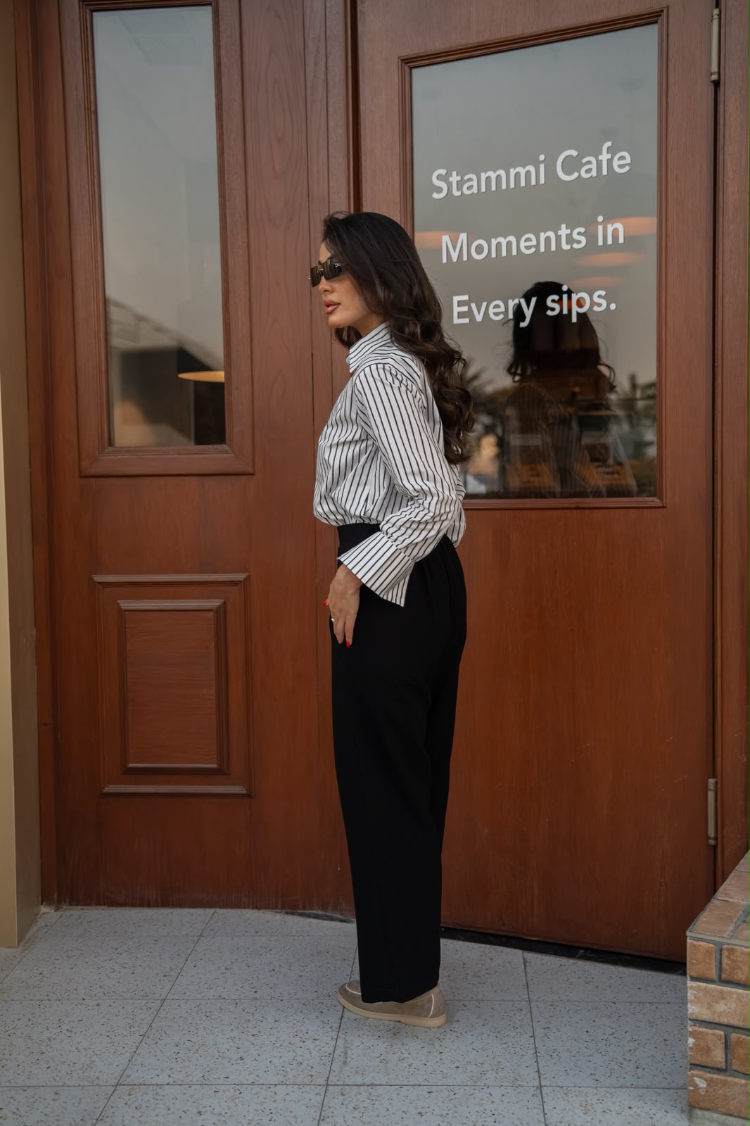 A cotton blouse with crepe pants.C:248