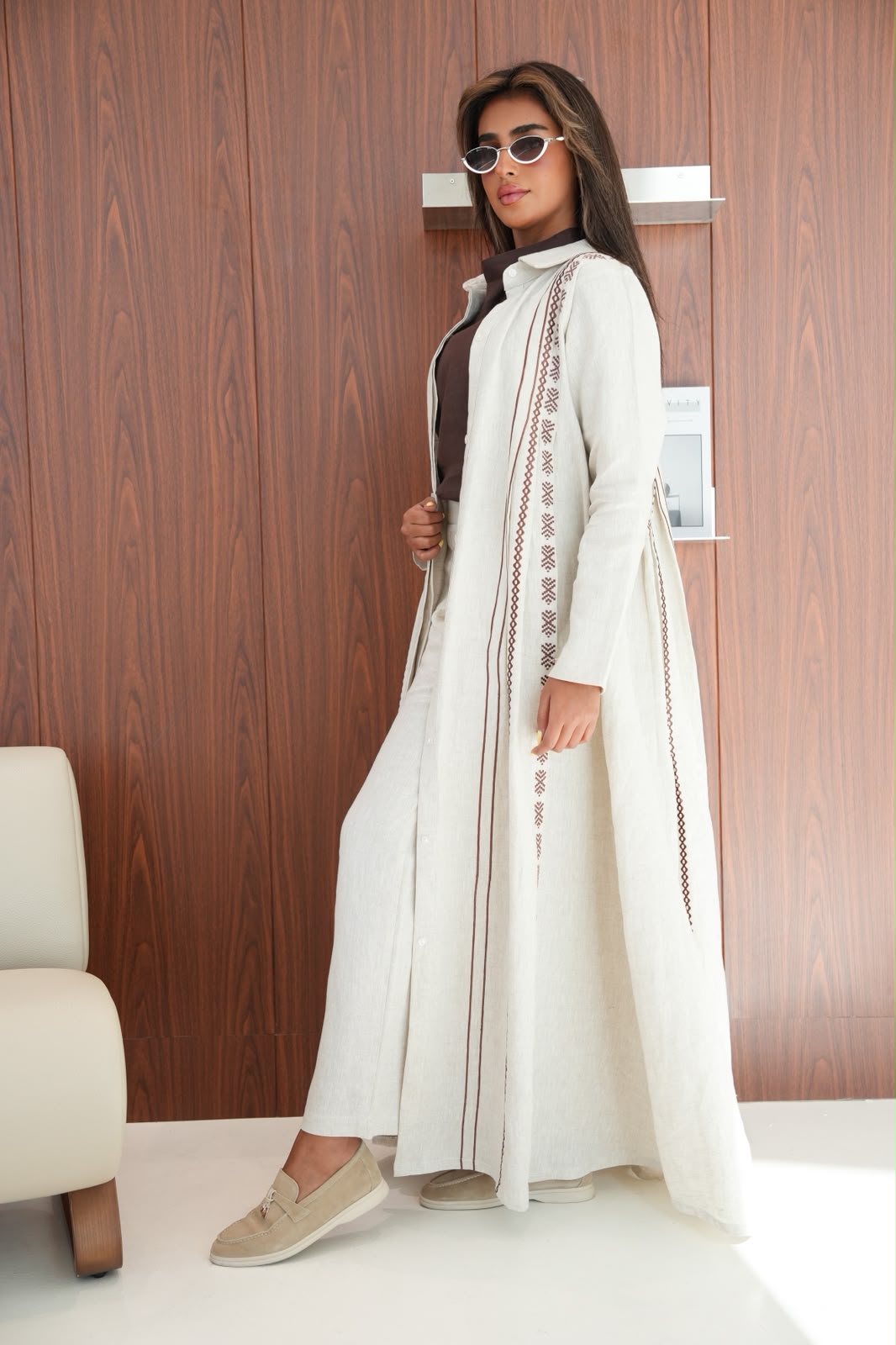 Beige linen abaya with embroidery. C:6683