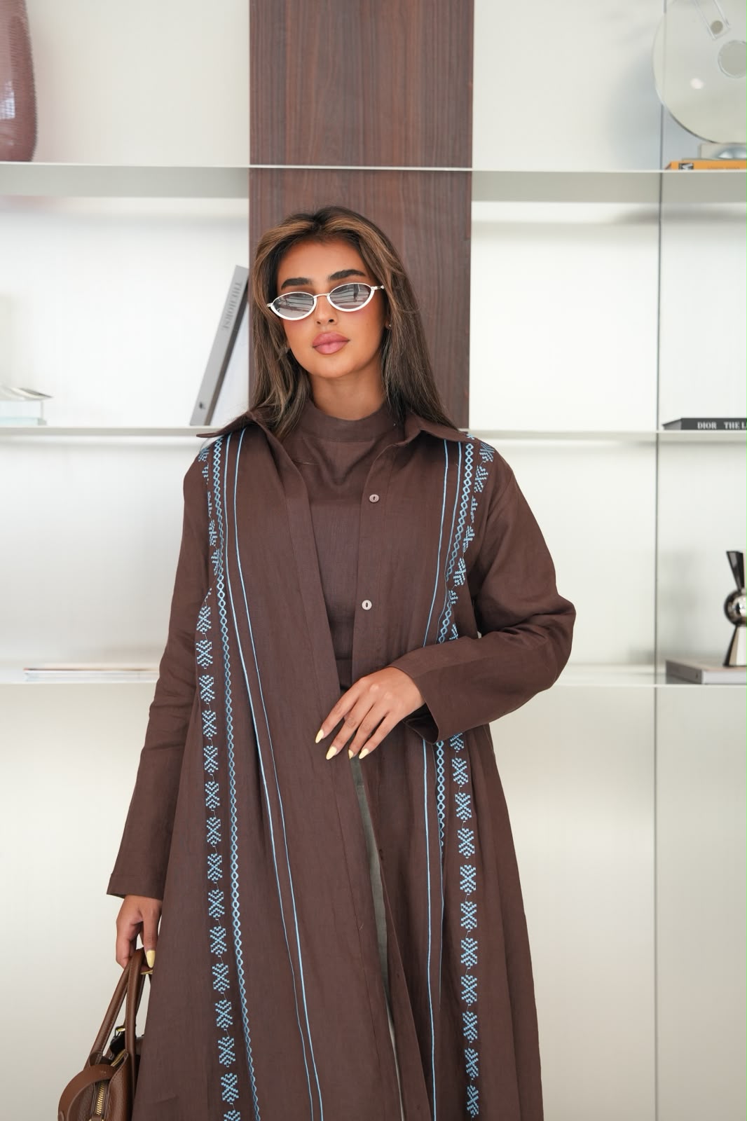 Linen abaya in brown with embroidery.C:6683