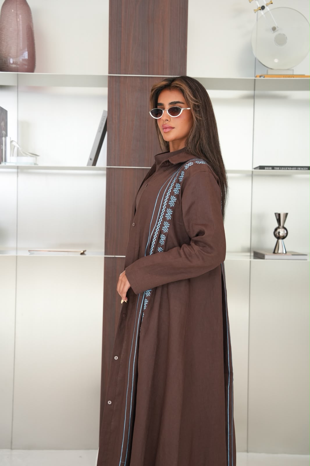Linen abaya in brown with embroidery.C:6683