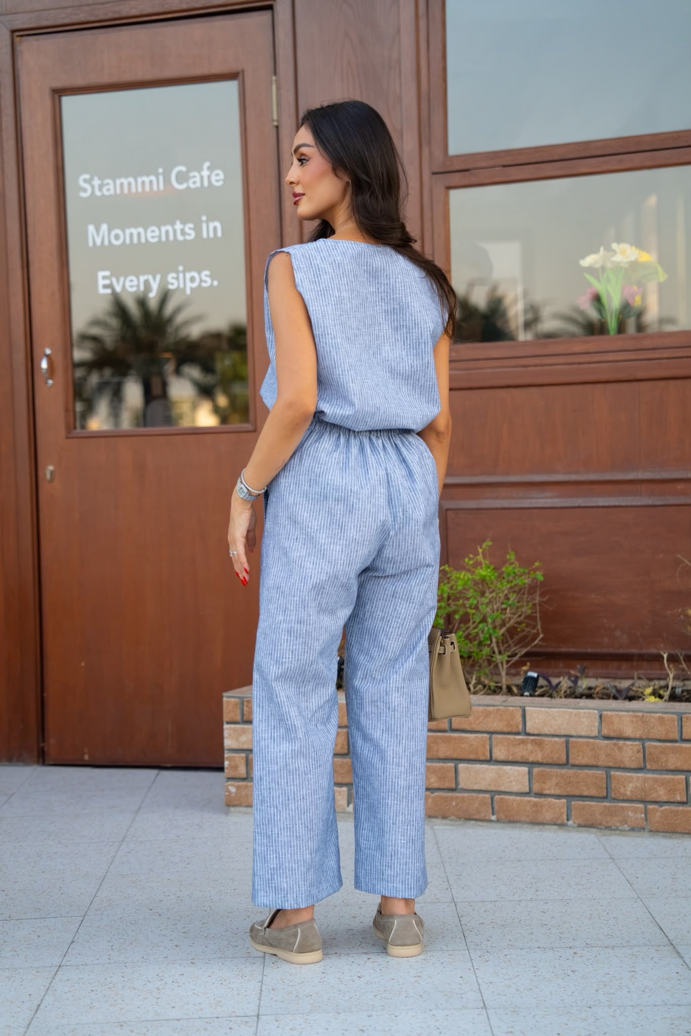 A blouse and pants set in sky blue cotton.C:249