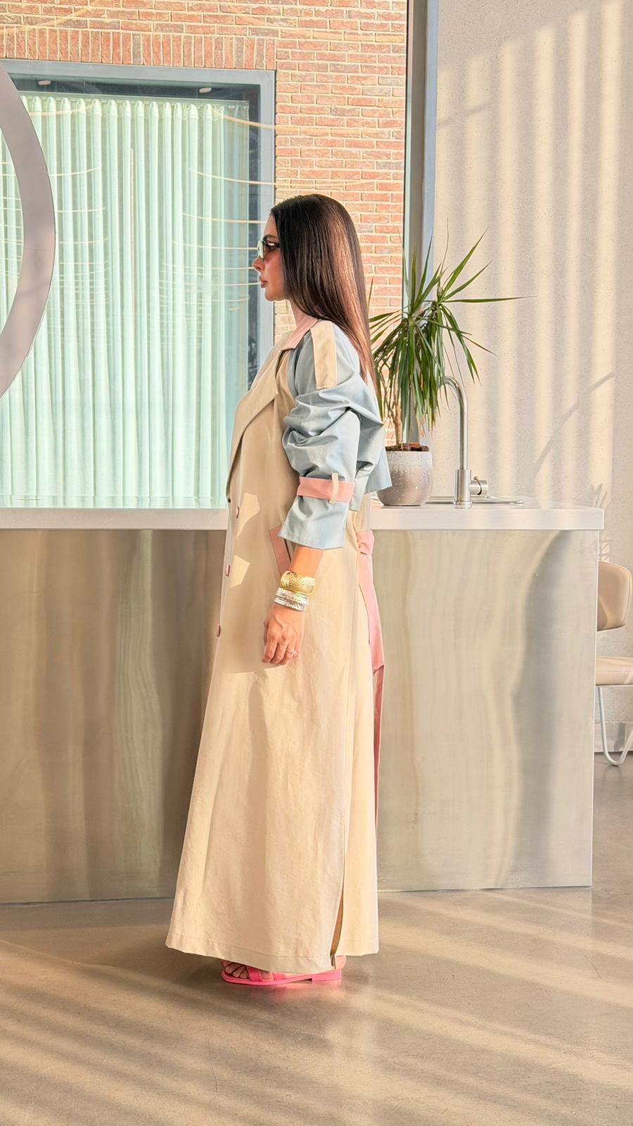 Beige trench coat with sky blue accents.C:6815