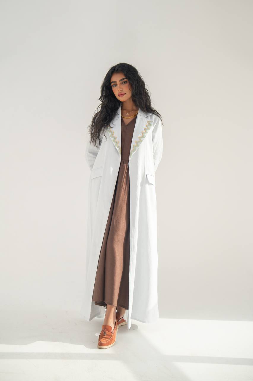 Linen blazer abaya, sky blue with hand embroidery C:6651