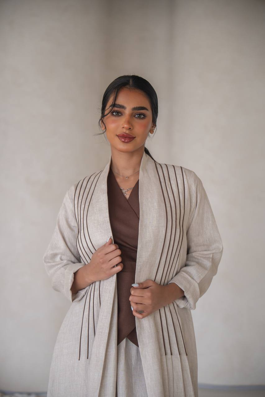 عباية مع بلوزة و تنورة بخام لينن الطبيعي C:6637 Beige
