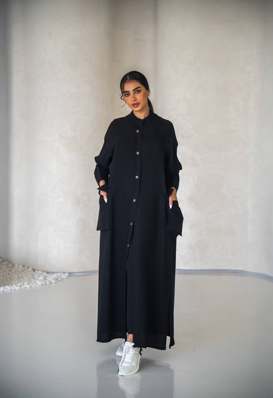 Free size abaya, black crepe fabric C:6639 (Free size)